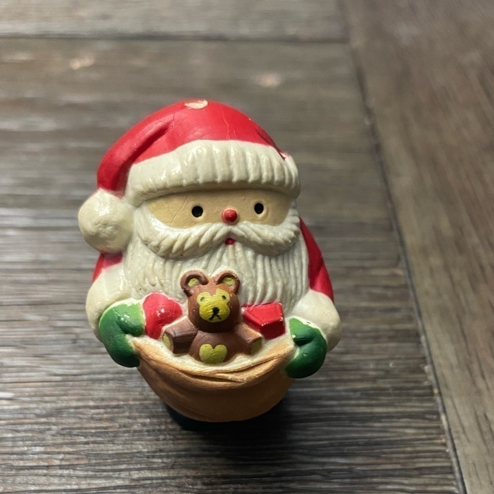 Vintage Christmas wooden Santa w/ sack and bear tree ornament